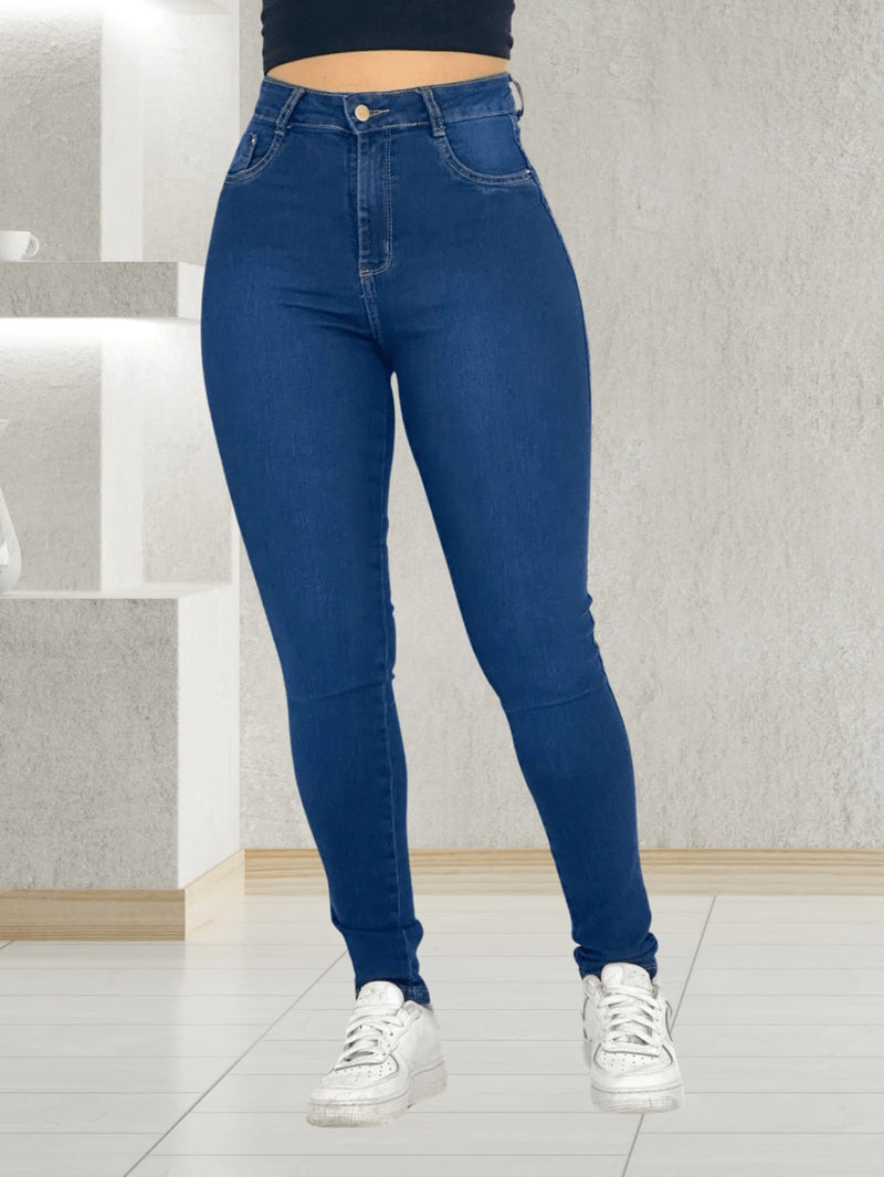 Calça Jeans Feminina Lavagem Escura Lisa Básica Premium Levanta Bumbum