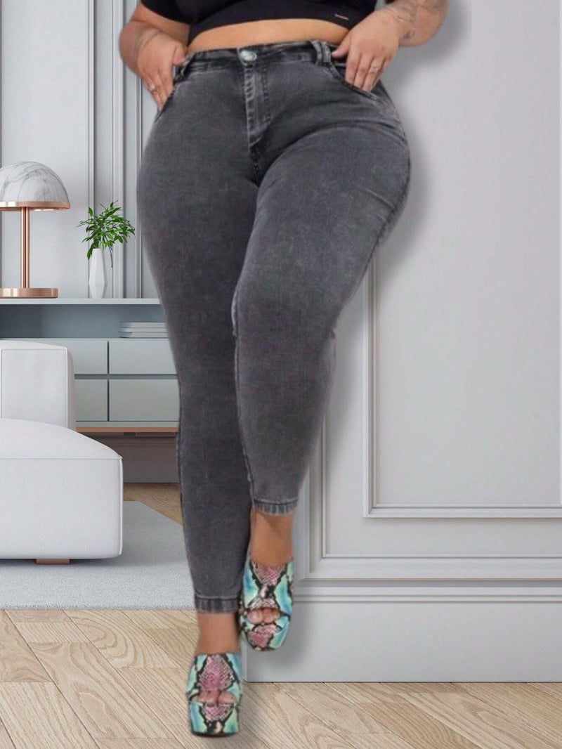 Calça jeans Marmorizada Cintura Alta Skinny Plus Size Feminina Grafite Com Lycra Cós Alto Premium