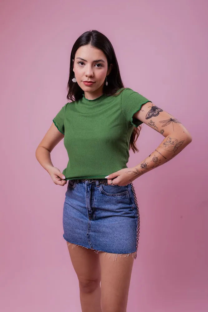 Cropped ribbed short sleeve Picô - Green