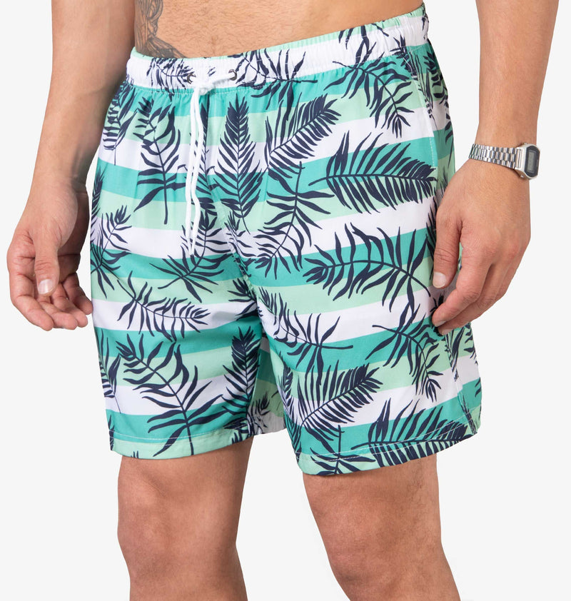 Striped Bermuda Shorts With Leaf Print And Adjustable Drawstring