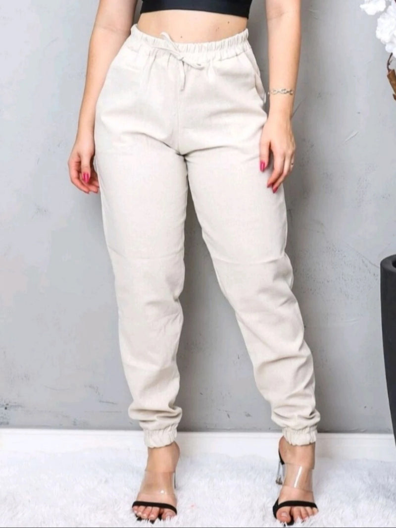 Pantalones jogger de lino con bolsillos laterales elásticos de cintura alta Blogger femenina de moda elegante