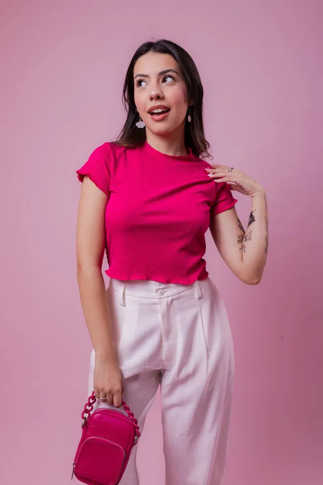 Cropped ribbed short sleeve Picô - Pink