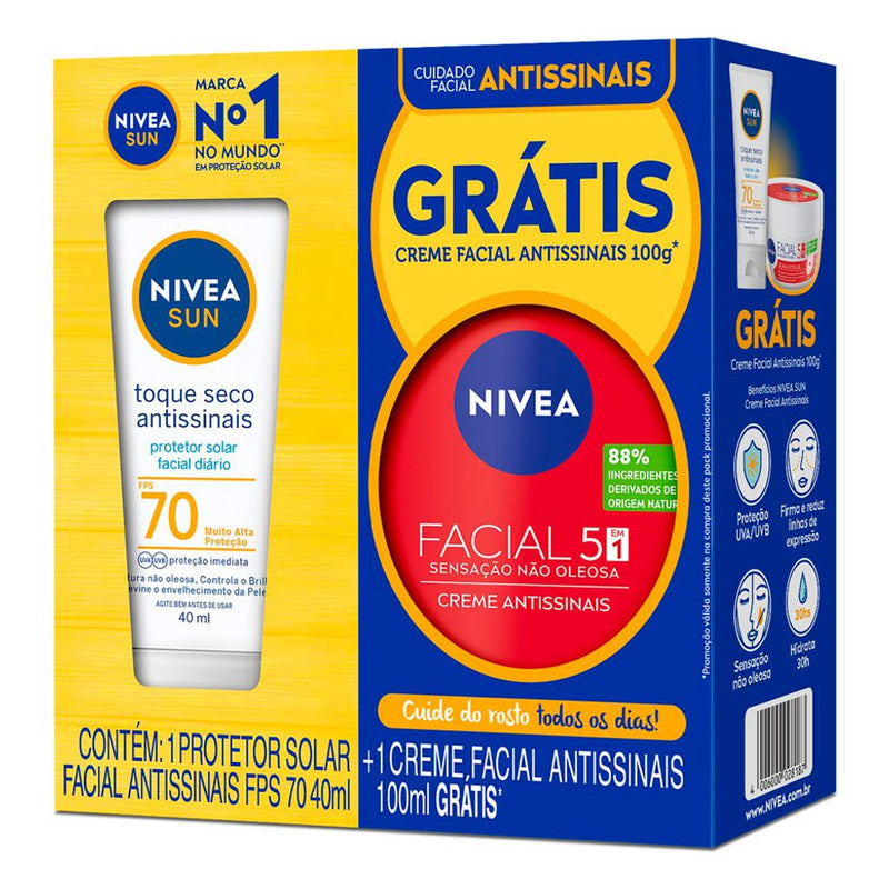 Nivea Sun Dry Touch Anti-Signal Kit Protector Solar Facial SPF 70 40ml y Consigue Crema Facial Anti-Signal 5 en 1 100g