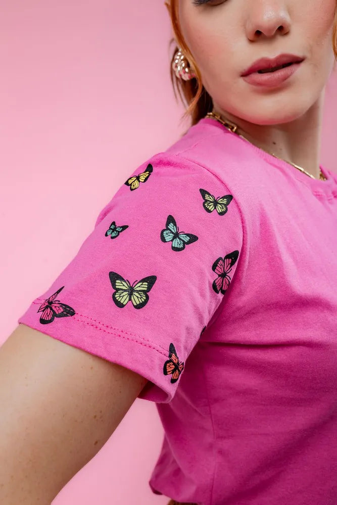 T-Shirt - Butterflies on the sleeve - Pink