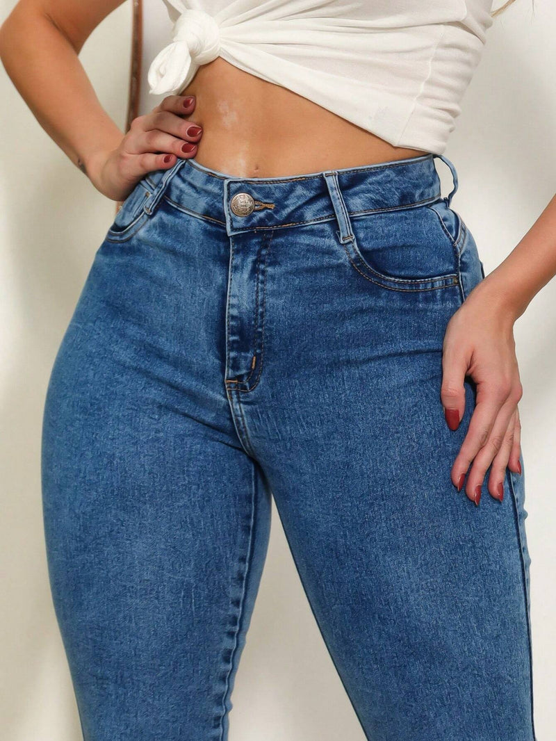 Women's high-waisted jeans with lycra lifts the butt, smooth with premium shaping elastane