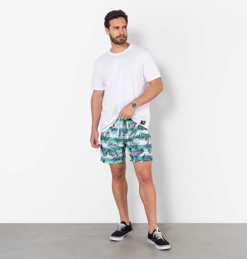 Striped Bermuda Shorts With Leaf Print And Adjustable Drawstring