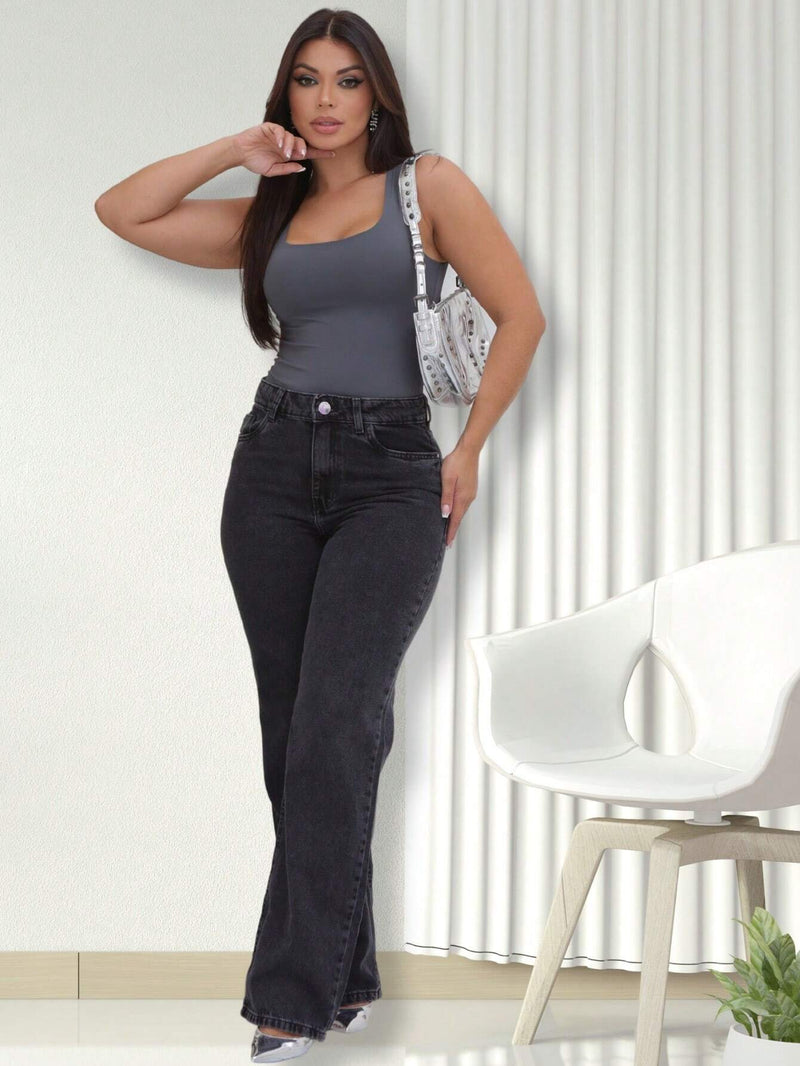 Pantalón de campana jaspeado para mujer Negro/Gris/Plomo Pierna ancha Cintura alta lycra elastano modelos trasero