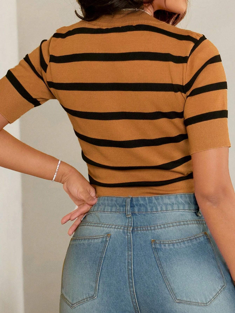 Striped Pattern Casual Short Sleeve Knit Top