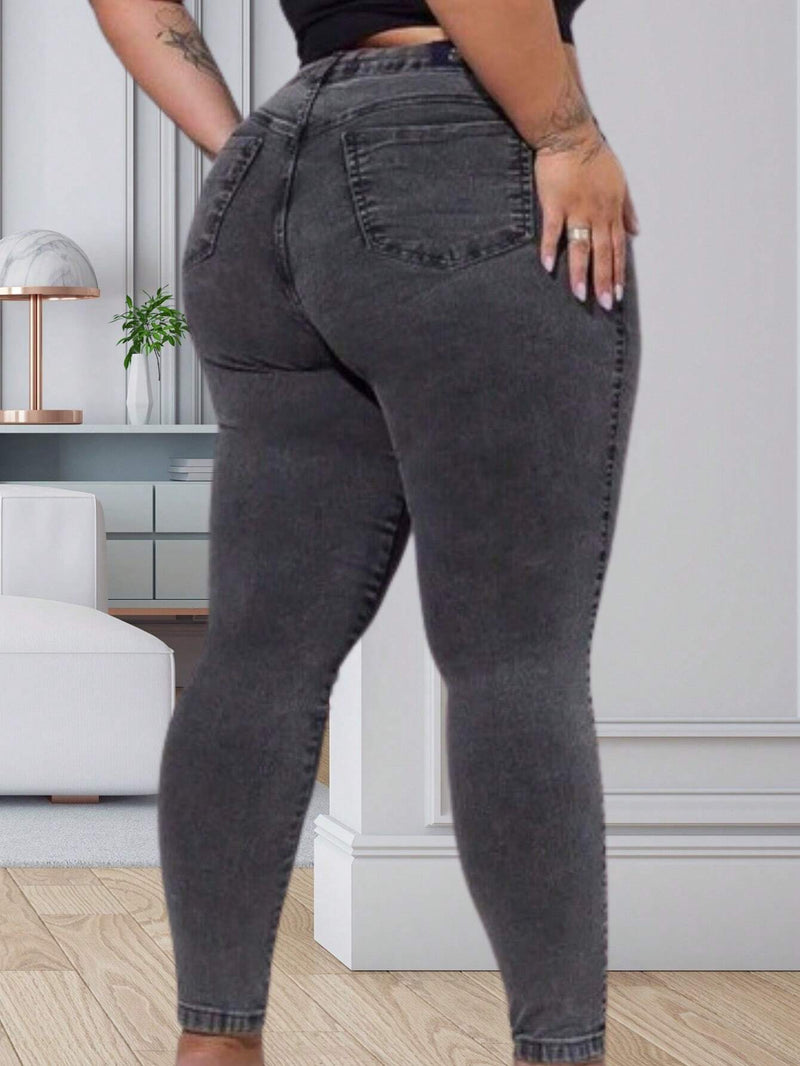 Calça jeans Marmorizada Cintura Alta Skinny Plus Size Feminina Grafite Com Lycra Cós Alto Premium