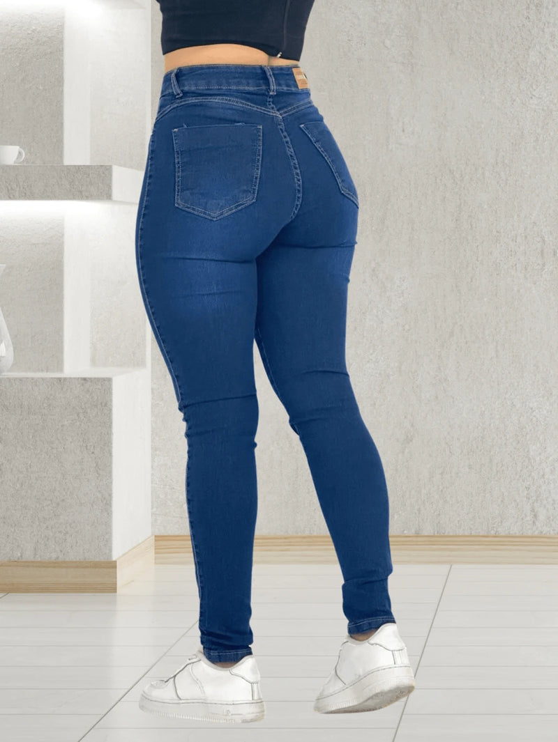 Calça Jeans Feminina Lavagem Escura Lisa Básica Premium Levanta Bumbum