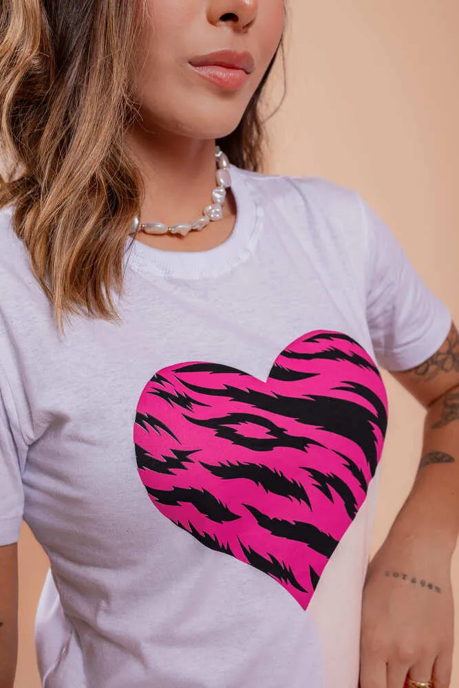 T-Shirt - Pink heart - White