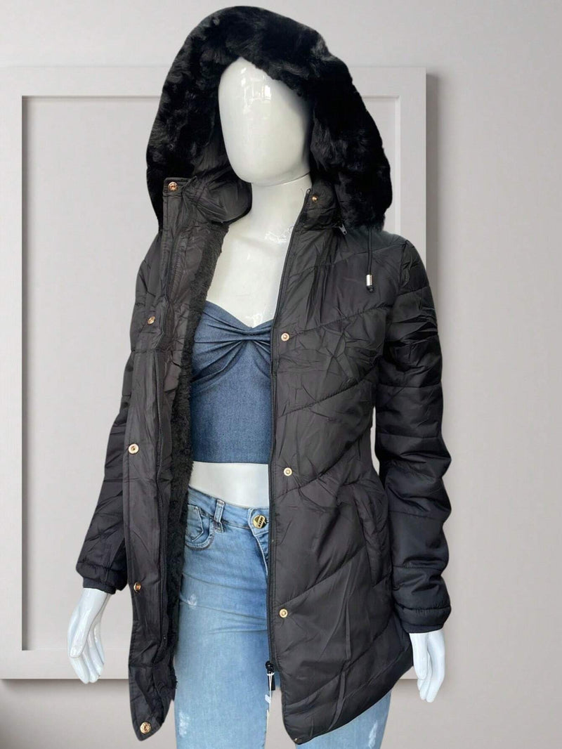 Fur-lined parka with hood Plush inside Removable cap Winter Fashion Fashion