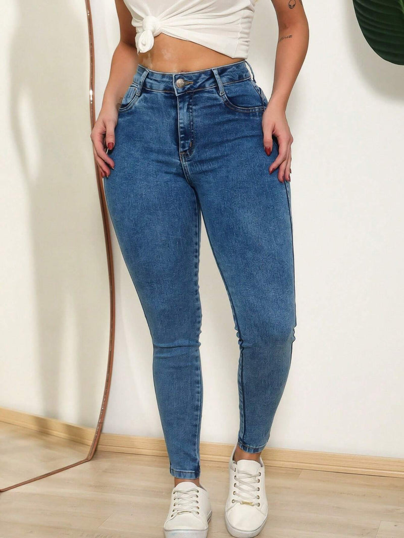 Women's high-waisted jeans with lycra lifts the butt, smooth with premium shaping elastane