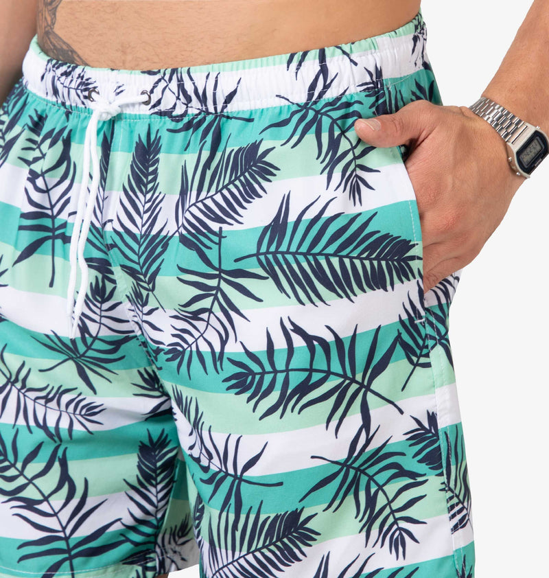 Striped Bermuda Shorts With Leaf Print And Adjustable Drawstring