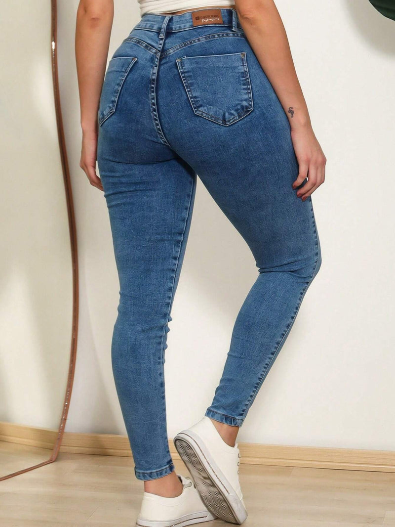 Women's high-waisted jeans with lycra lifts the butt, smooth with premium shaping elastane