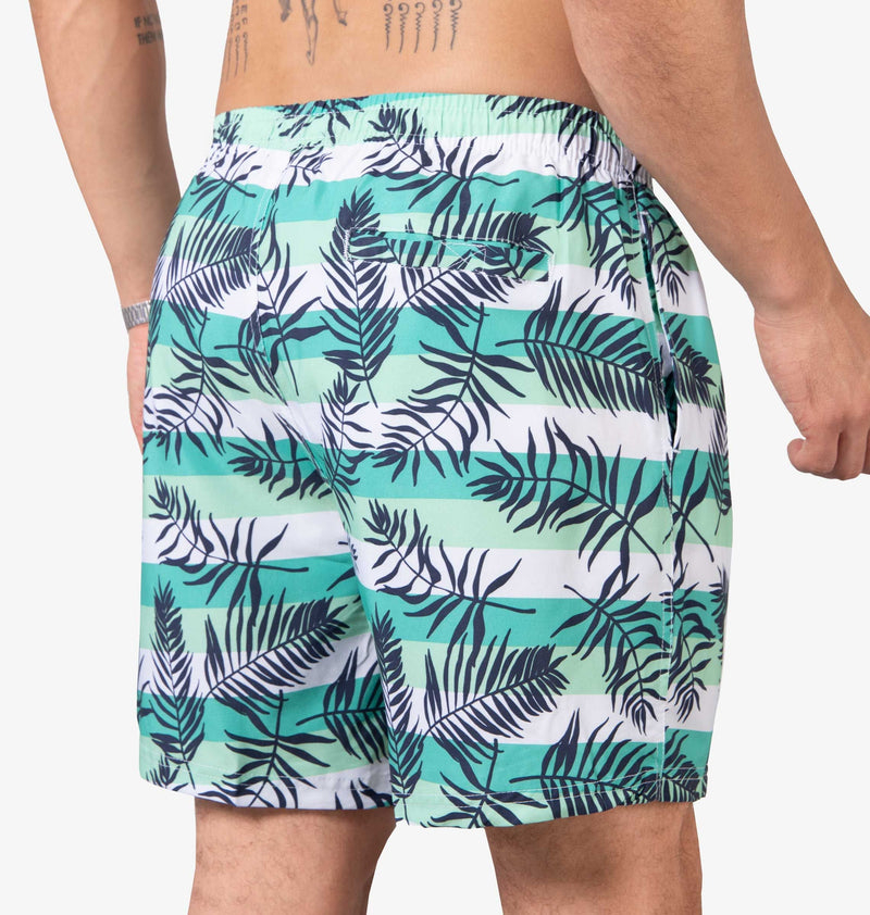 Striped Bermuda Shorts With Leaf Print And Adjustable Drawstring