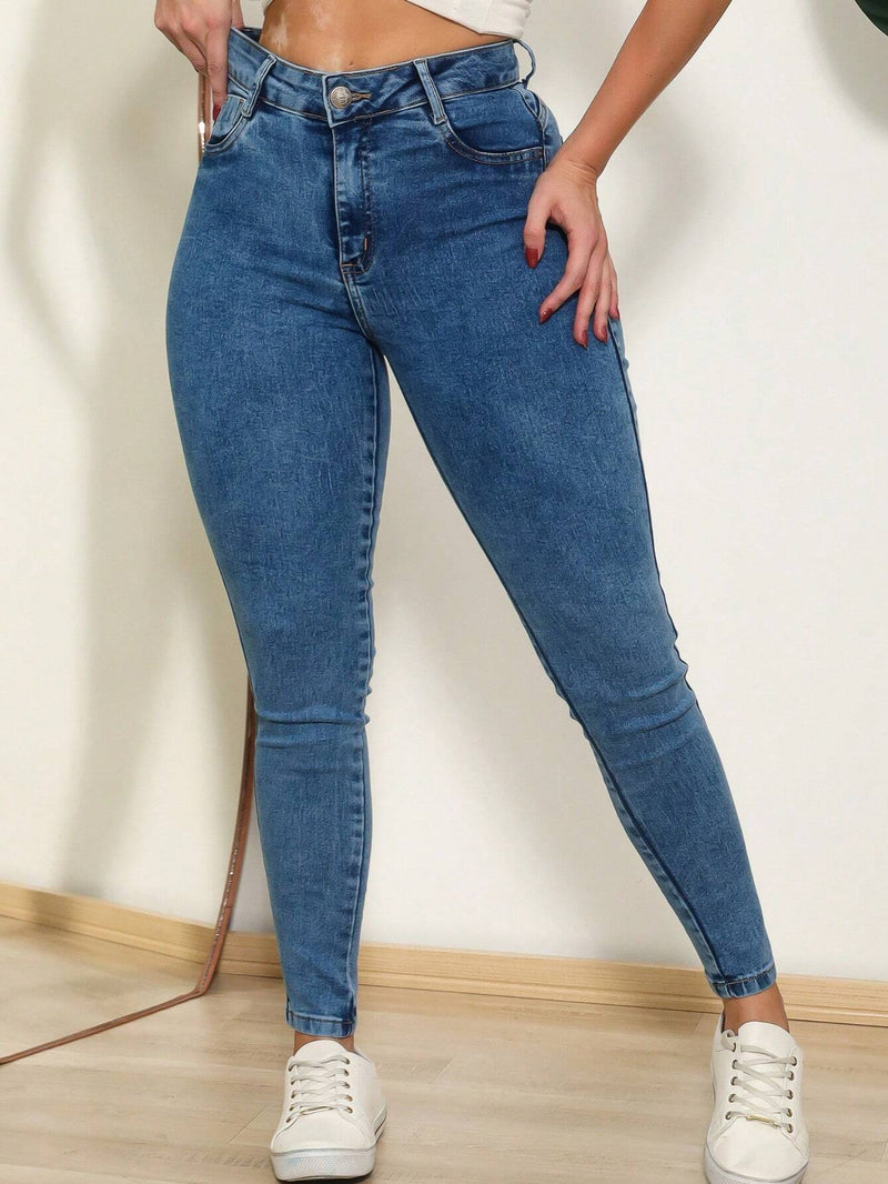 Women's high-waisted jeans with lycra lifts the butt, smooth with premium shaping elastane