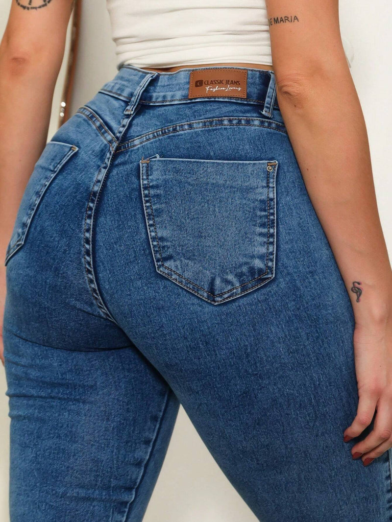 Women's high-waisted jeans with lycra lifts the butt, smooth with premium shaping elastane