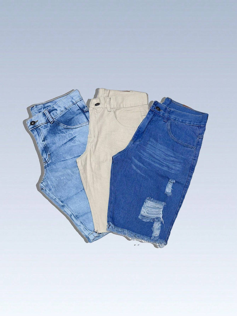 Kit 3 Bermudas Jeans Tradicional masculino Rasgada Casual 100% algodão