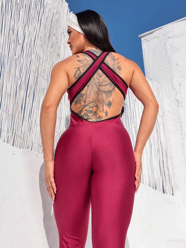 Solid Color Gym Sports Jumpsuit with Deep V-Neck, Criss-Cross Back with Open Neckline