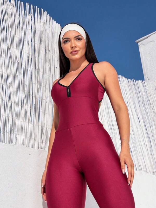 Solid Color Gym Sports Jumpsuit with Deep V-Neck, Criss-Cross Back with Open Neckline