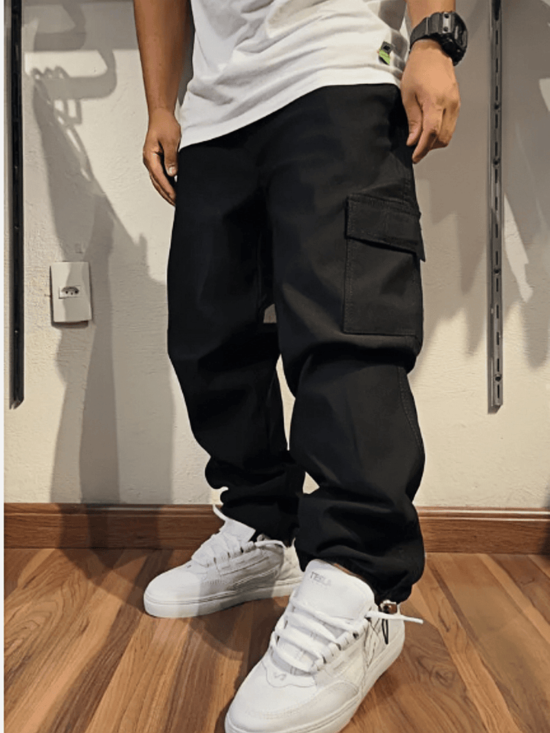 Calça Cargo jeans e sarja Larga Skate 6 Bolsos Fechamento Cordão unisex