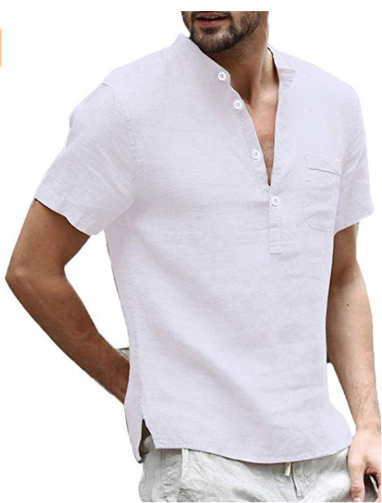 Camisa de hombre de manga corta de algodón y lino.