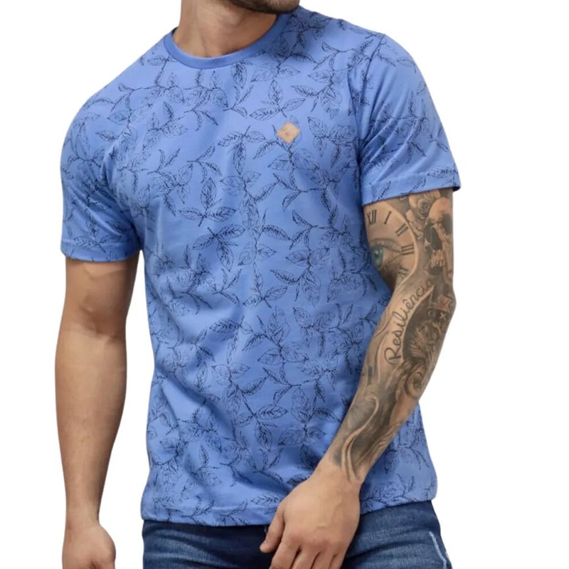 Camiseta Masculina Estampada Folhagem em Algodão Azul Bebê - Blackhurst