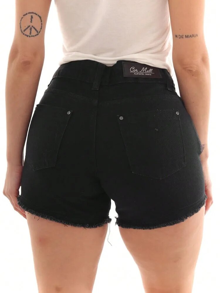 Short Feminino Jeans Preto com Brilhantes e Barra Desfiada - Blackhurst