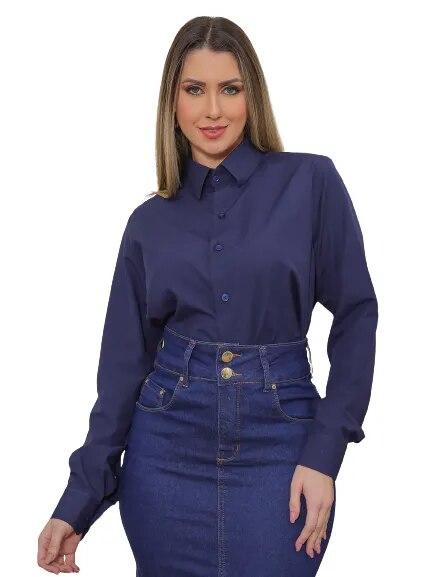 KIT Feminino - Camisa Social Azul Escuro e Saia Evangélica Jeans Escuro - Blackhurst