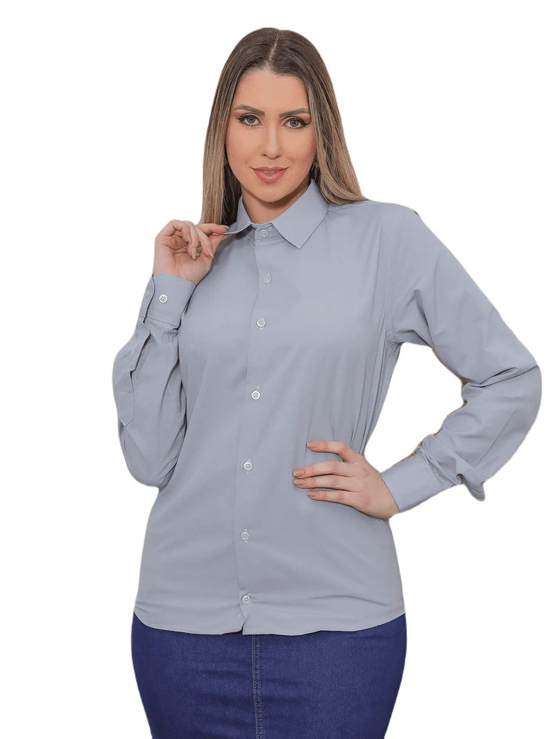 KIT Feminino - Camisa Social Cinza e Saia Evangélica Jeans Escuro - Blackhurst