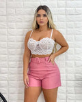 Short Curto Cintura Alta De Couro Fake Com Cinto Feminino - Blackhurst