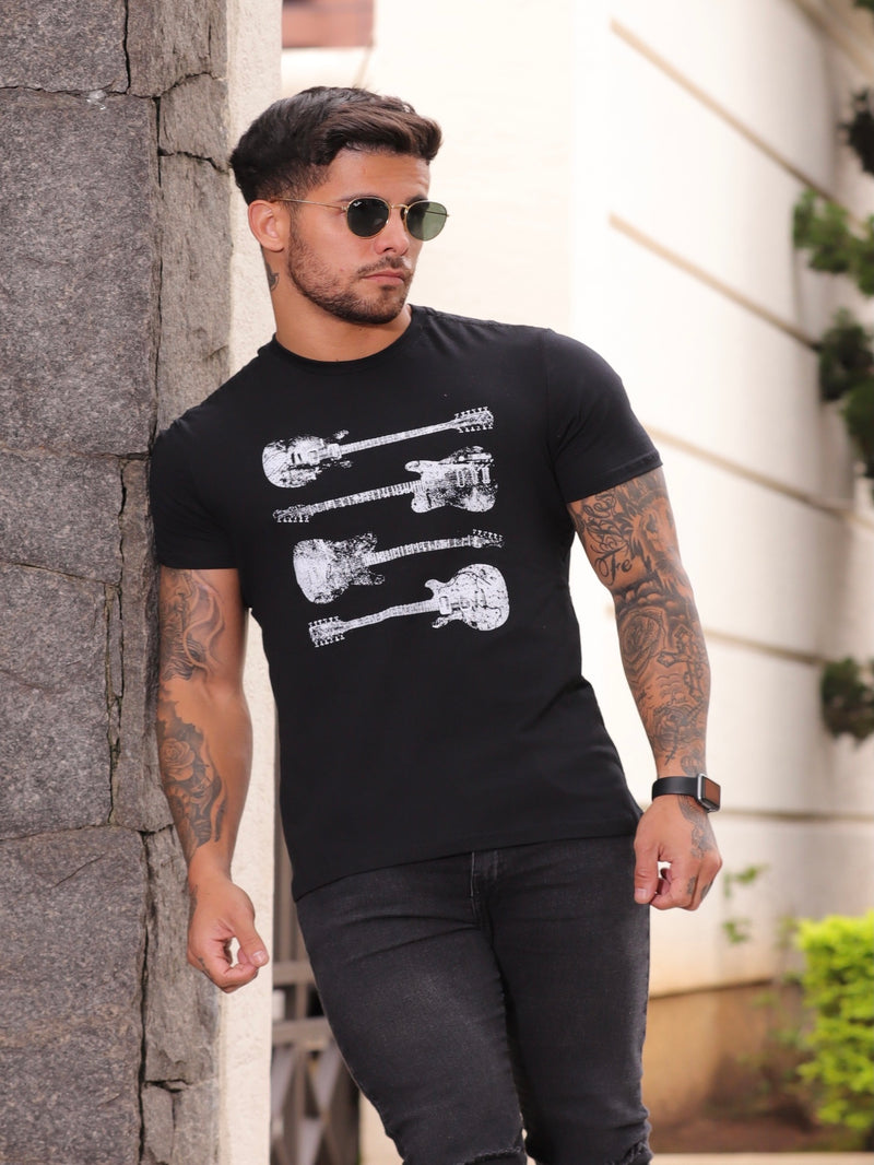 M.Almusk Shein - Camiseta Masculina Estampada Guitarra - 100% Algodão Premium Blackhurst