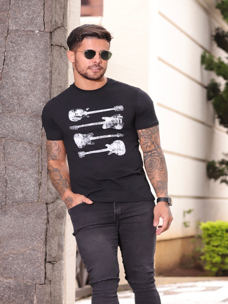 M.Almusk Shein - Camiseta Masculina Estampada Guitarra - 100% Algodão Premium Blackhurst